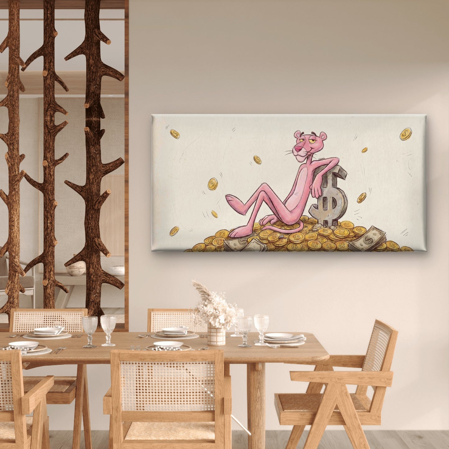 Pink Cat Money Illustration Wall Art Canvas Office Home Room Framed 120x60cm - Bella Home Decor
