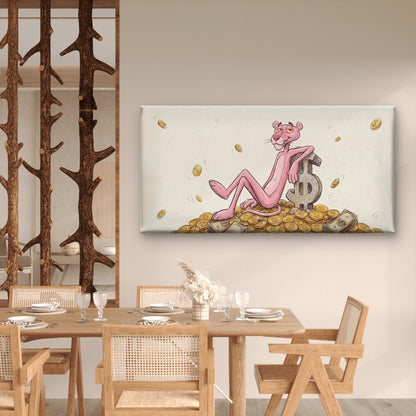 Pink Cat Money Illustration Wall Art Canvas Office Home Room Framed 120x60cm - Bella Home Decor