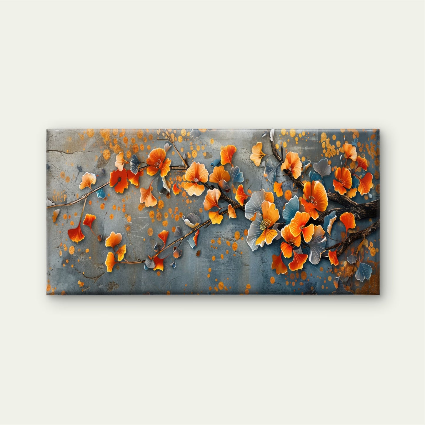 Orange Ginkgo Blossom Branch Wall Art Canvas Office Home Room Framed 120x60cm