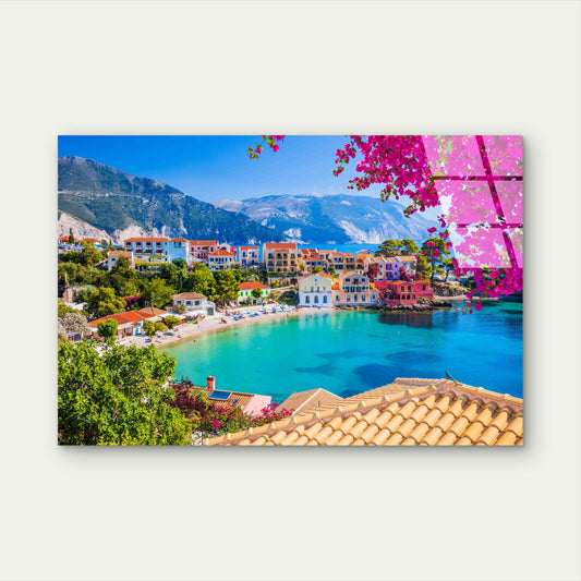 Greek Coastal Village Tempered Glass Printing Wall Art Australian Made Quality