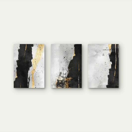 3pcs Black Gold Gray Abstract Ink Painting Wall Art Set Canvas Framed 50x70cm - High Quality Print 100% Australian Made Wall Canvas Ready to Hang