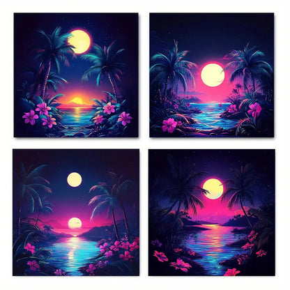 4pcs   Palm Moon Art Deco Classic yu     Wall Art Canvas Framed