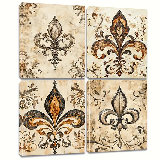 4pcs Swirls & Floral Patterns In Beige Vintage Wall Art Canvas Framed