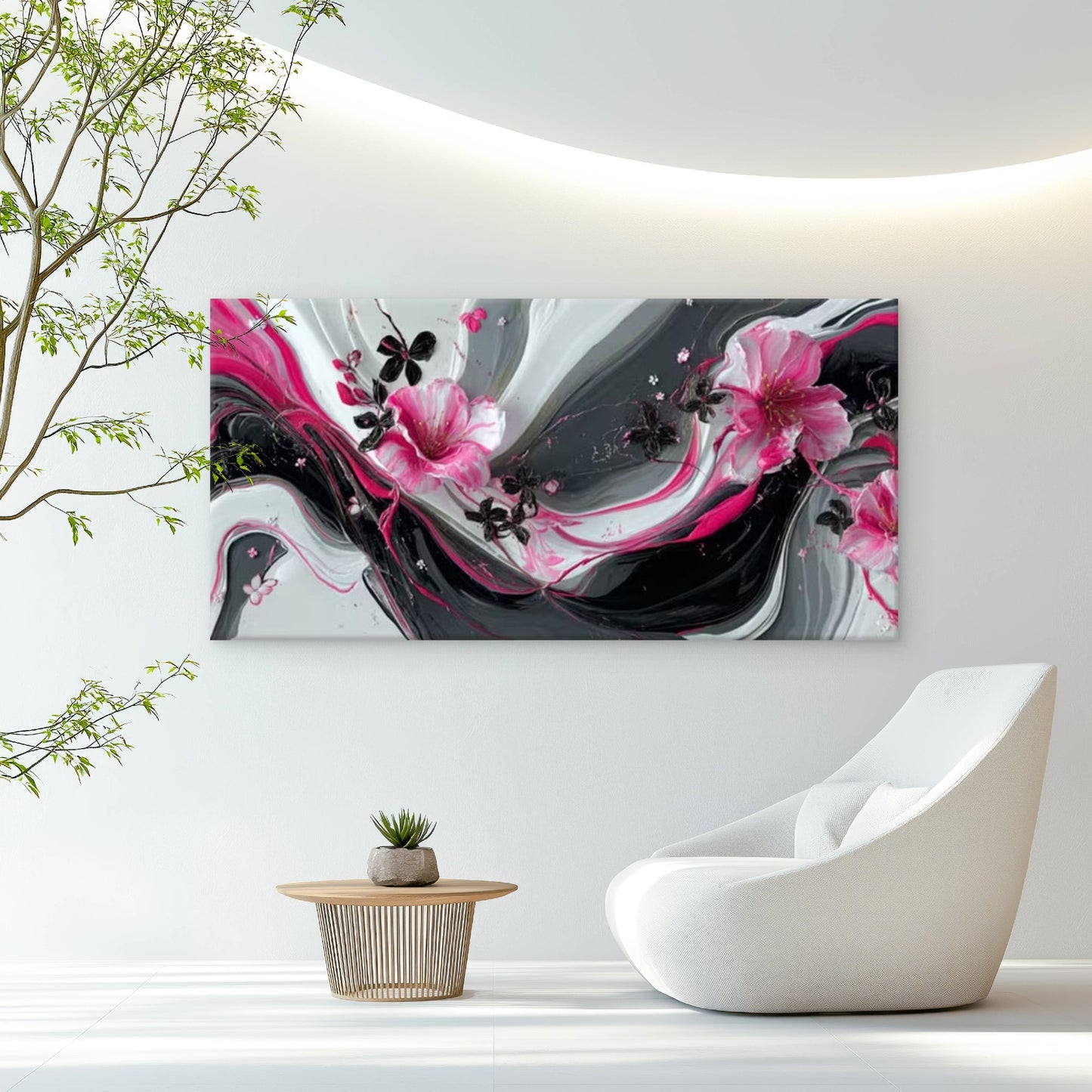 Dark Pink & Floral Design Wall Art Canvas Office Home Room Framed 120x60cm