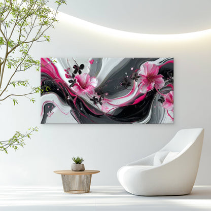 Dark Pink & Floral Design Wall Art Canvas Office Home Room Framed 120x60cm