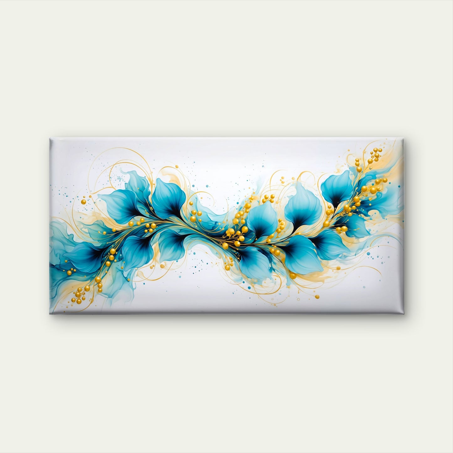 Abstract Teal Blue Flowers Gold Accents Swirls Wall Art Canvas Office Home Room Framed 120x60cm