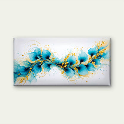 Abstract Teal Blue Flowers Gold Accents Swirls Wall Art Canvas Office Home Room Framed 120x60cm