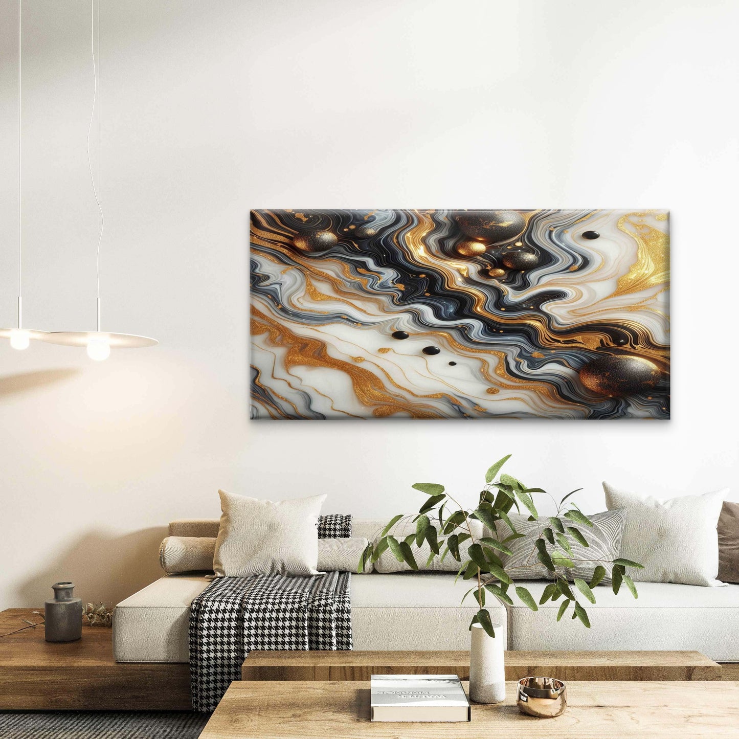 Gold Black Marble With Gold Dot Wall Art Canvas Office Home Room Framed 120x60cm - Bella Home Decor