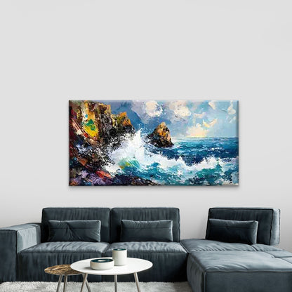 Ocean Waves Crashing Against Wall Art Canvas Office Home Room Framed 120x60cm - Bella Home Decor