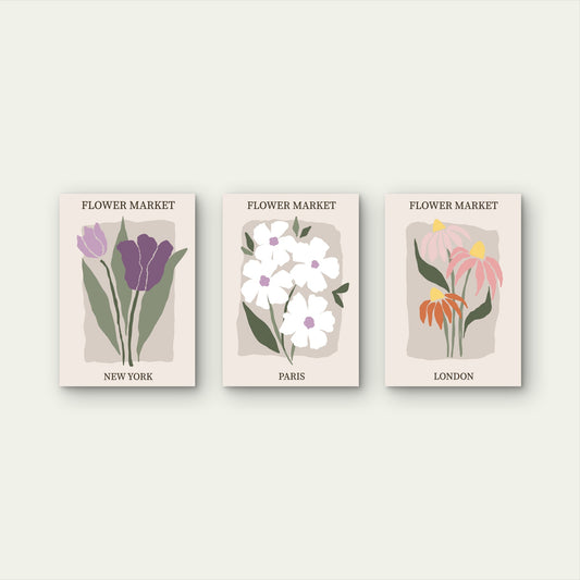 3pcs Flower Market New York Paris London   Wall Art Set Canvas Framed 60x90cm - High Quality Print 100% Australian Made Wall Canvas Ready to Hang