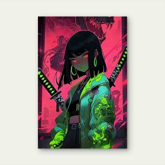 Neon-Style Cool Girl Image with a Fierce Monster 60x90cm Metal Print Ready to Hang