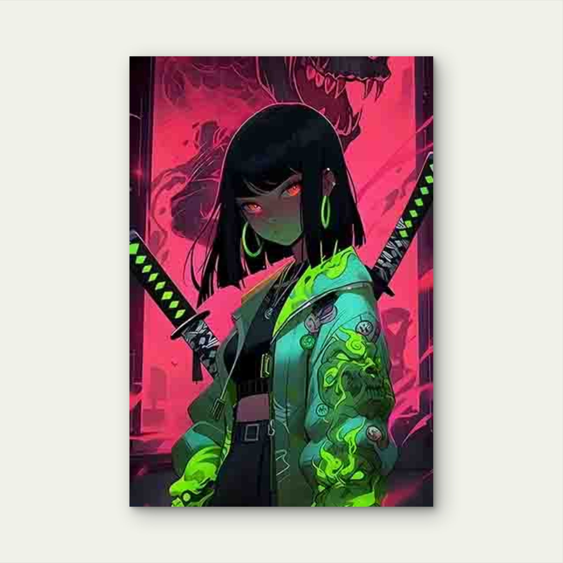 Neon-Style Cool Girl with a Fierce Monster 40x60cm Metal Print Ready to Hang - Bella Home Decor
