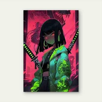 Neon-Style Cool Girl with a Fierce Monster 40x60cm Metal Print Ready to Hang - Bella Home Decor