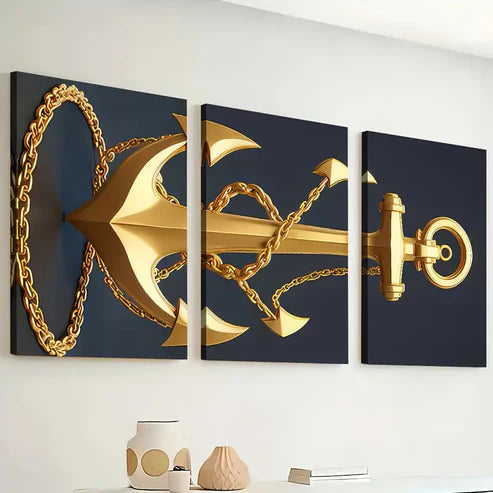3pcs Modern Stylish Golden Anchor Art Shiny Wall Art Set Canvas Unframed - High Quality Print 100% Australian Made Wall Canvas