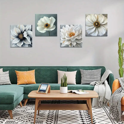 4pcs White Flowers Painting  Wall Art Canvas Framed