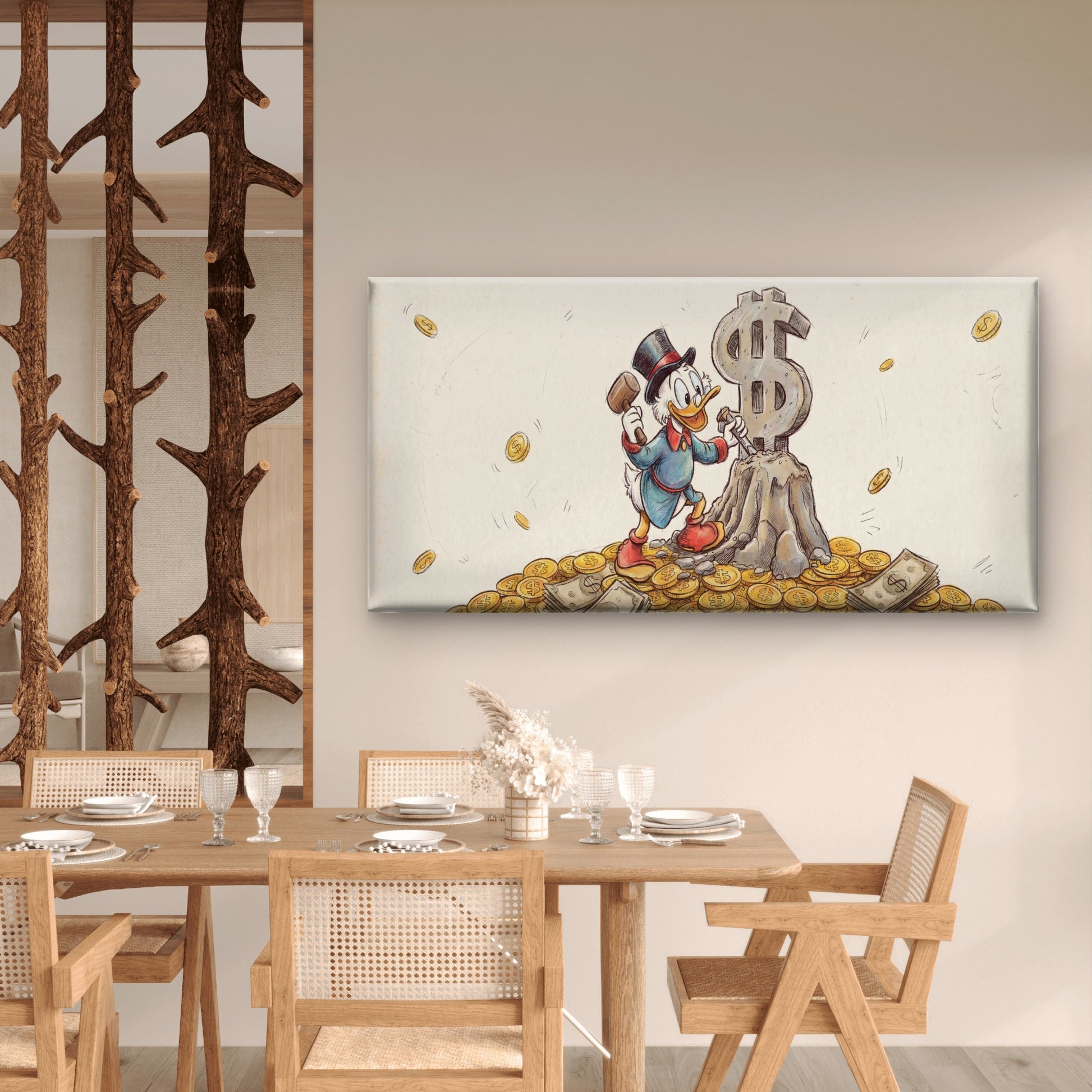 Golden Money Duck Sketch Wall Art Canvas Office Home Room Framed 120x60cm - Bella Home Decor