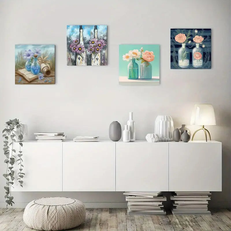 4pcs Blue Beach Ocean Flora Picture Wall Art Canvas Framed