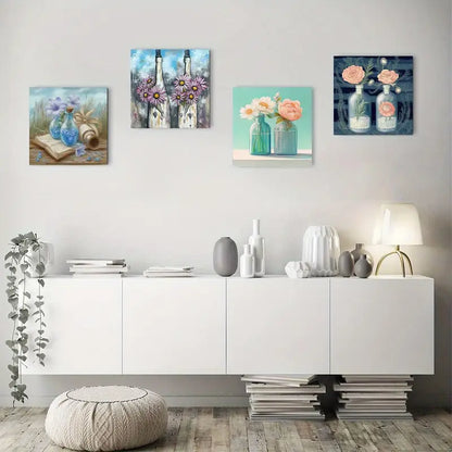 4pcs Blue Beach Ocean Flora Picture Wall Art Canvas Framed