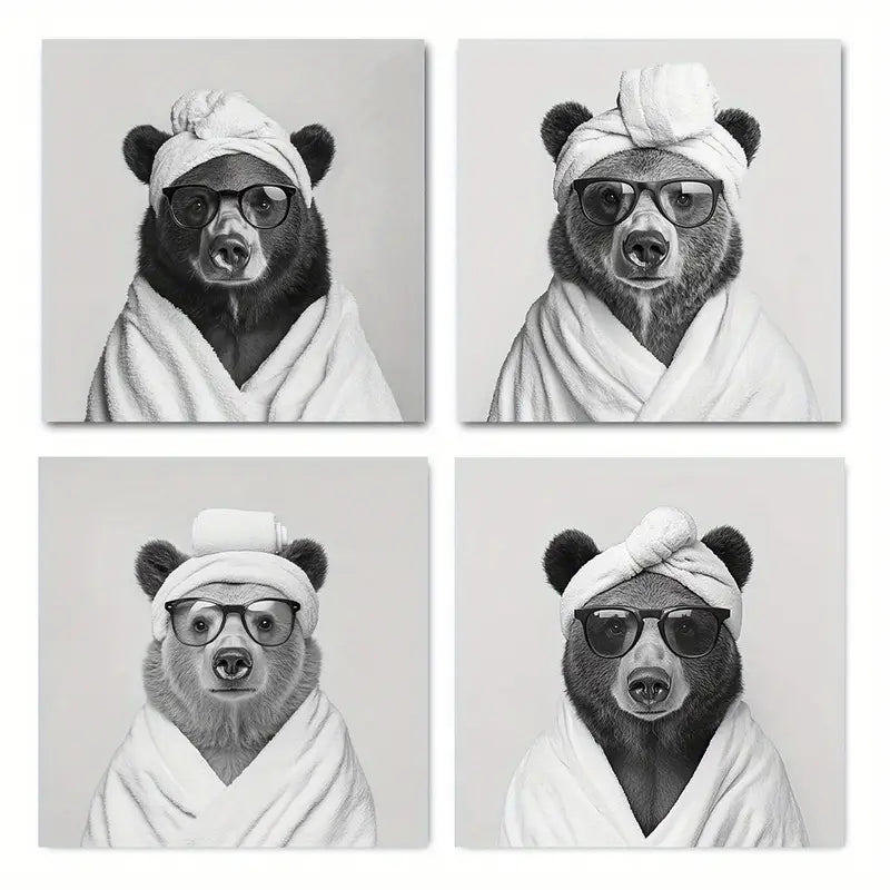 4pcs Abstract Funny Black And White Bear Picture Wall Art Canvas Framed - Bella Home Decor