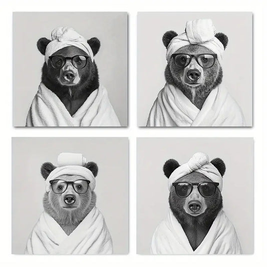 4pcs Abstract Funny Black And White Bear Picture Wall Art Canvas Framed - Bella Home Decor