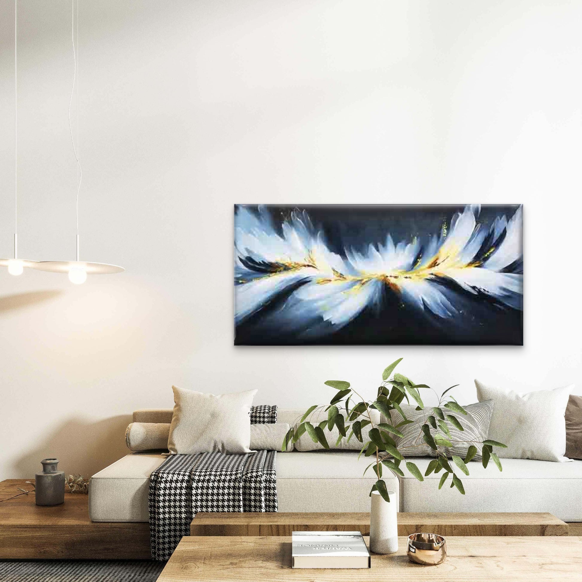 Golden And Blue Abstract Feathe Wall Art Canvas Office Home Room Framed 120x60cm - Bella Home Decor