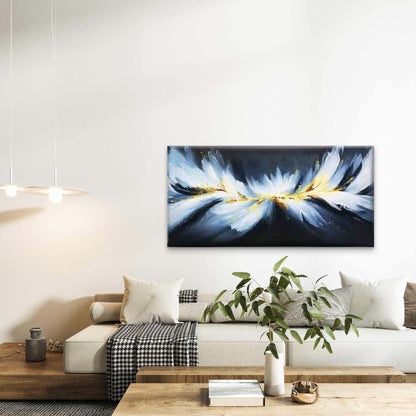 Golden And Blue Abstract Feathe Wall Art Canvas Office Home Room Framed 120x60cm - Bella Home Decor