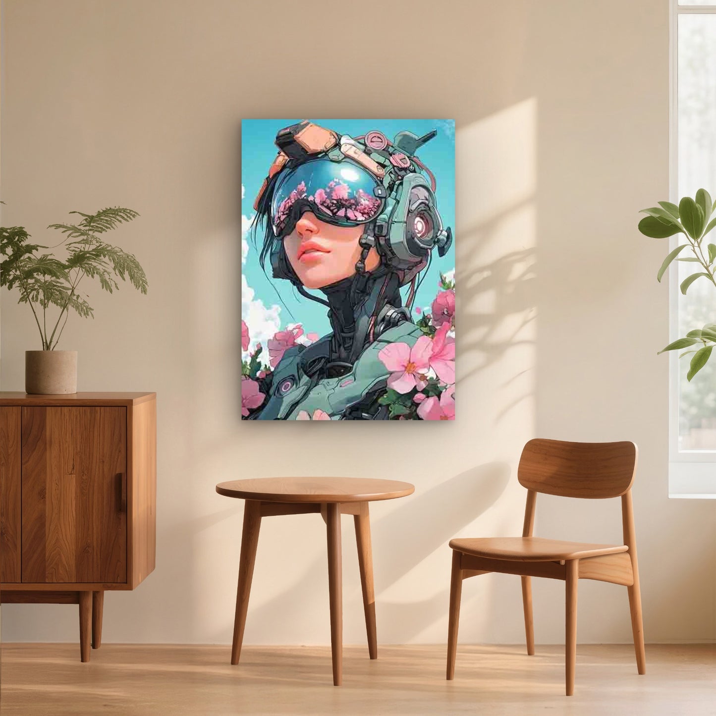 Futuristic Mechanical Armor & Pink Floral 40x60cm Metal Print Ready to Hang - Bella Home Decor