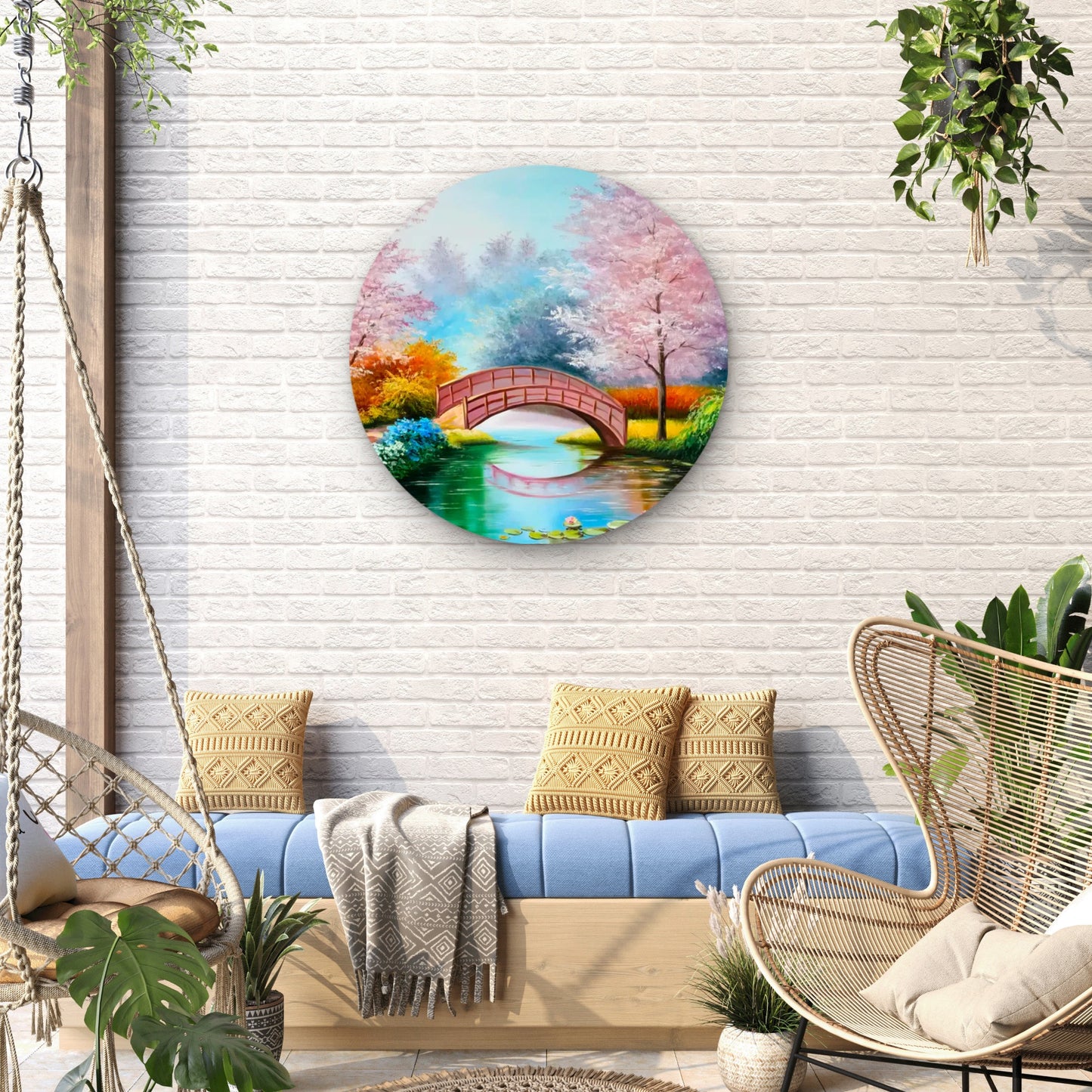 Pink Blossom Bridge Over the Lake Acrylic Glass Rounded Print Tempered Glass Wall Art 100% Made in Australia Ready to Hang