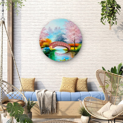 Pink Blossom Bridge Over the Lake Acrylic Glass Rounded Print Tempered Glass Wall Art 100% Made in Australia Ready to Hang