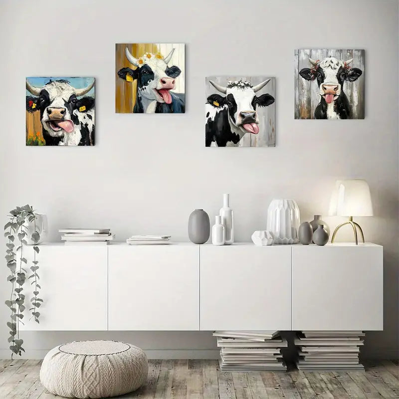 4pcs Black & White Highland Cow With Floral Acc Wall Art Canvas Framed - Bella Home Decor