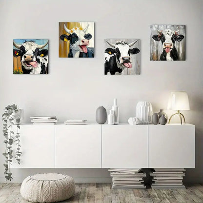 4pcs Black & White Highland Cow With Floral Acc Wall Art Canvas Framed - Bella Home Decor