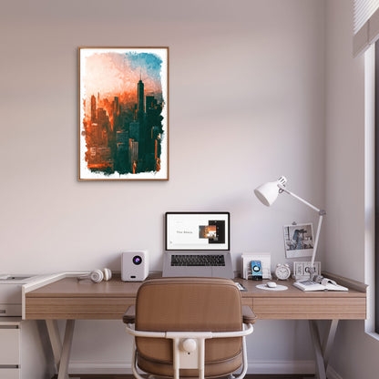 Chicago USA City Skyline Orange Sunset Watercolor Travel Poster Print Wall Art