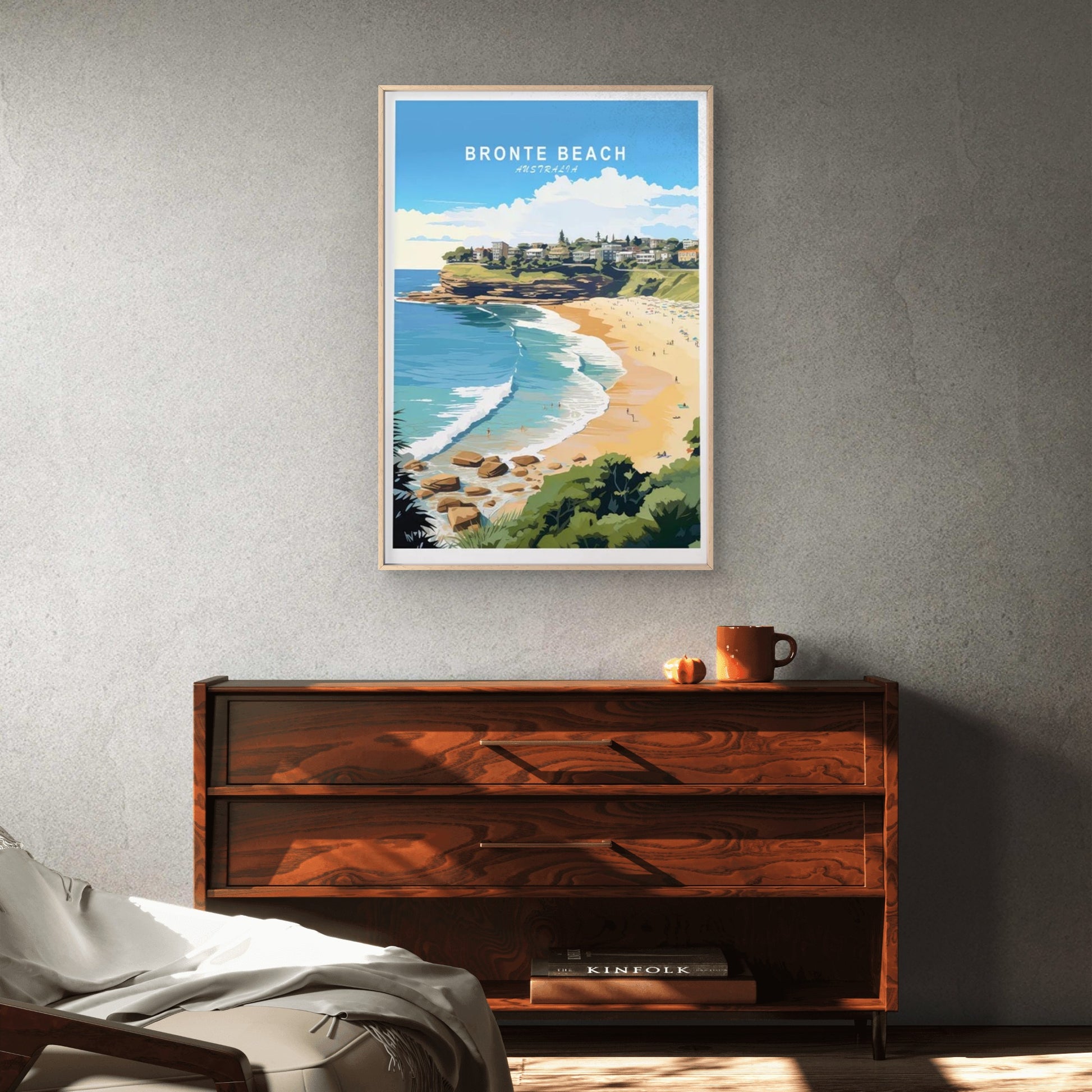 Bronte Beach Australia, Trees & Houses Travel Poster Print Wall Art - Bella Home Decor