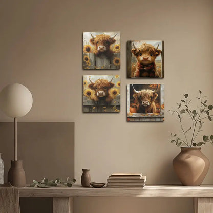 4pcs  Baby Highland Cow Wall Art Canvas Framed