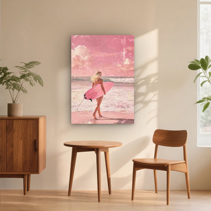 Blonde Woman Is Standing On The Beach With Surfboard 60x90cm Metal Print Ready to Hang - Bella Home Decor
