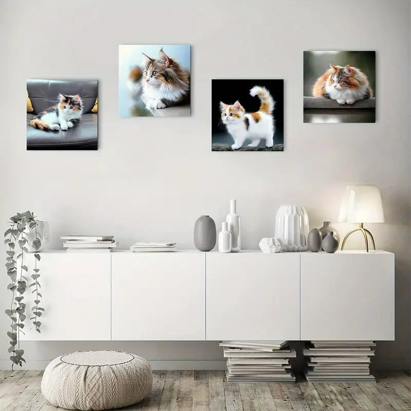 4pcs Fluffy Cat And Koi Fis Pictu Theme Wall Art Canvas Framed