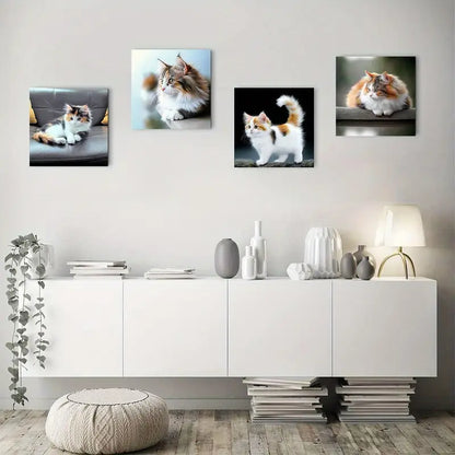 4pcs Fluffy Cat And Koi Fis Pictu Theme Wall Art Canvas Framed