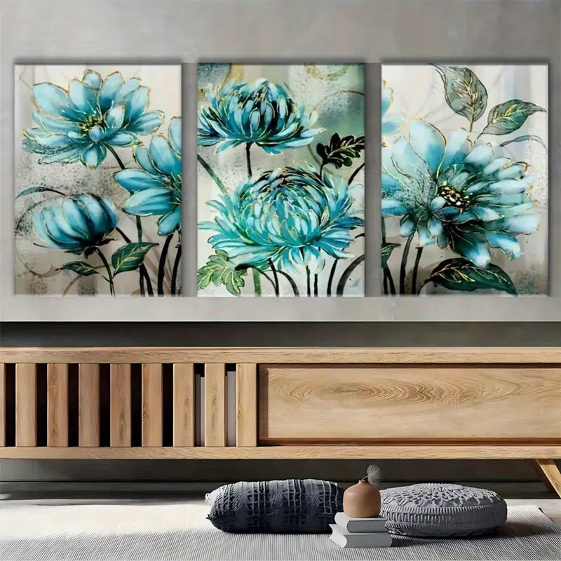 3pcs Blue Floral Canvas Metal Print Ready to Hang Art - Bella Home Decor