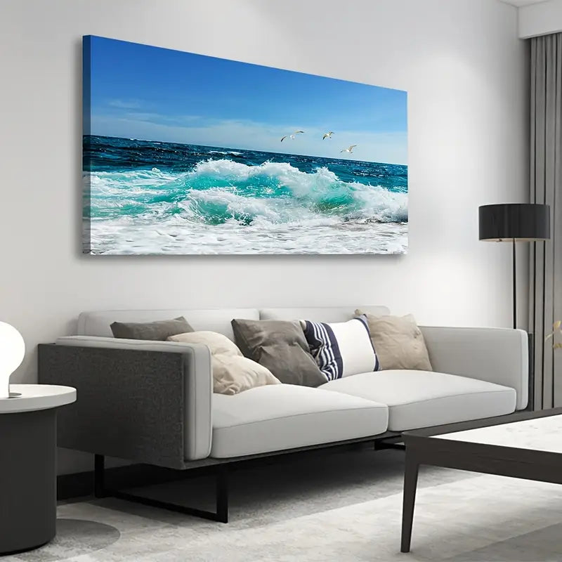 Sea Beach Ocean Waves Blue Surfing Water Seagull Wall Art canvas office home room framed 120x60cm - Bella Home Decor