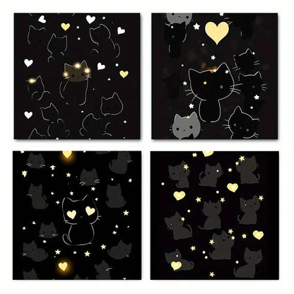 4pcs Black Cat & Golden Hearts Starry Night  Wall Art Canvas Framed
