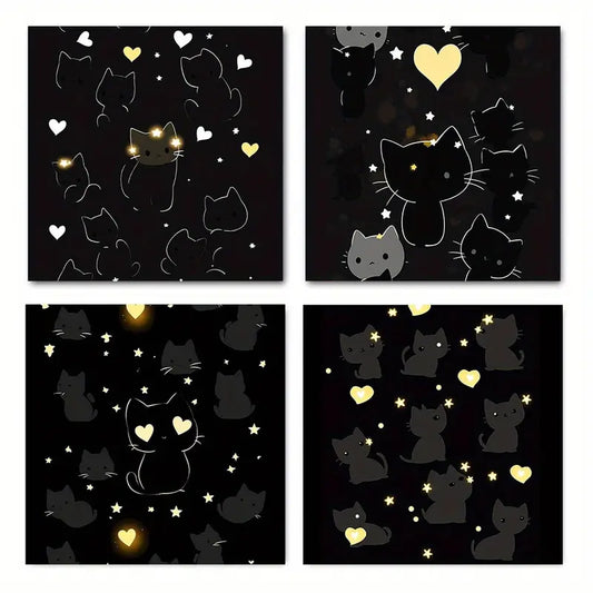 4pcs Black Cat & Golden Hearts Starry Night  Wall Art Canvas Framed