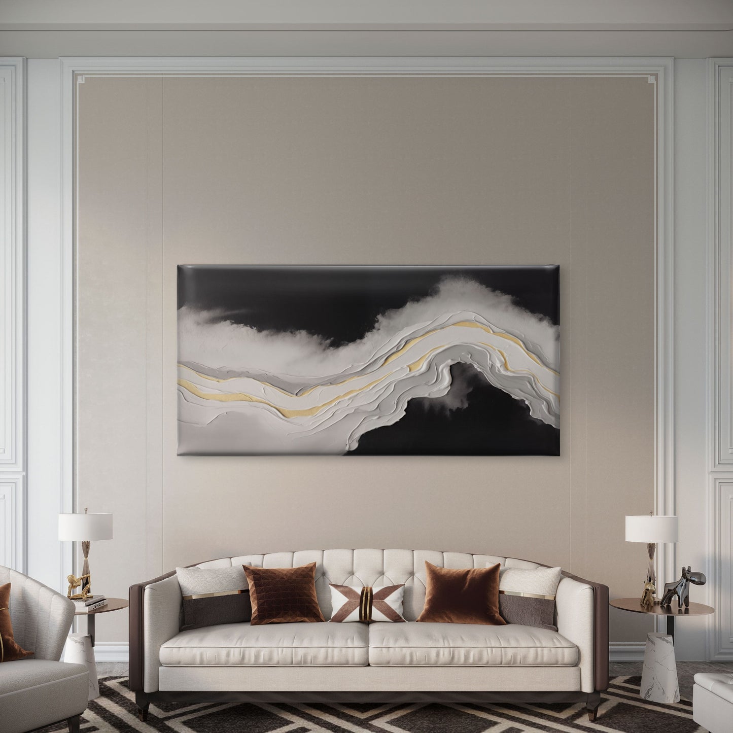 Abstract Black White Gold Textured Wall Art Canvas Office Home Framed 120x60cm