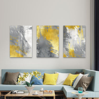 3pcs Modern Yellow Gray Brushstroke Art Painting  Wall Art Set Canvas Framed 40x60cm - High Quality Print 100% Australian Made Wall Canvas Ready to Hang