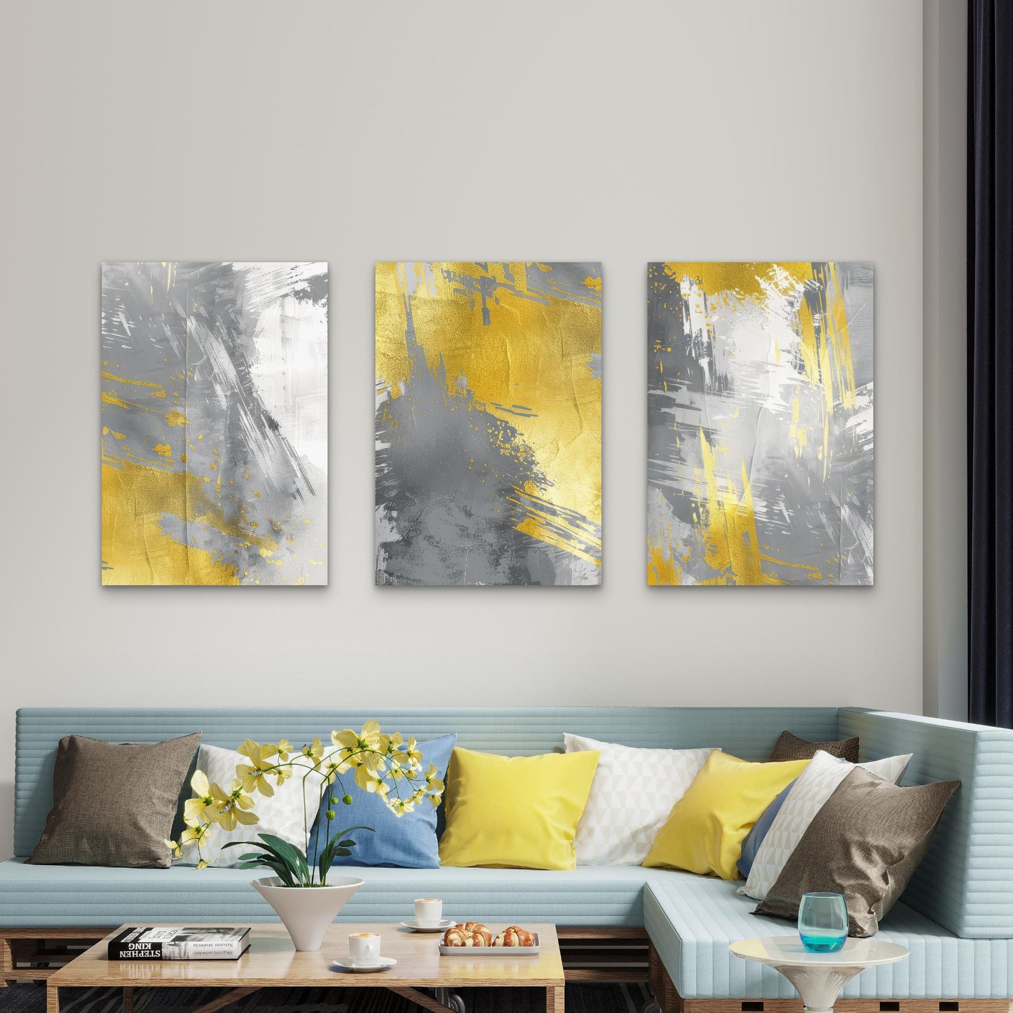 3pcs Modern Yellow Gray Brushstroke Art Painting   Wall Art Set Canvas Framed 50x70cm - High Quality Print 100% Australian Made Wall Canvas Ready to Hang