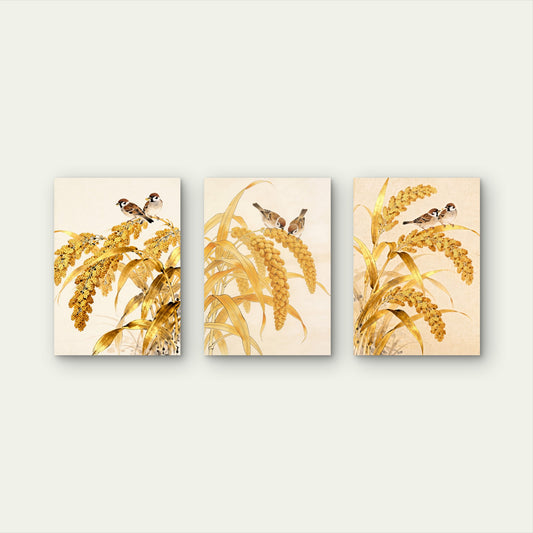 3pcs Vintage Chinese Watercolor Bird Rice Stalk Wall Art Set Canvas Framed 40x60cm - High Quality Print 100% Australian Made Wall Canvas Ready to Hang