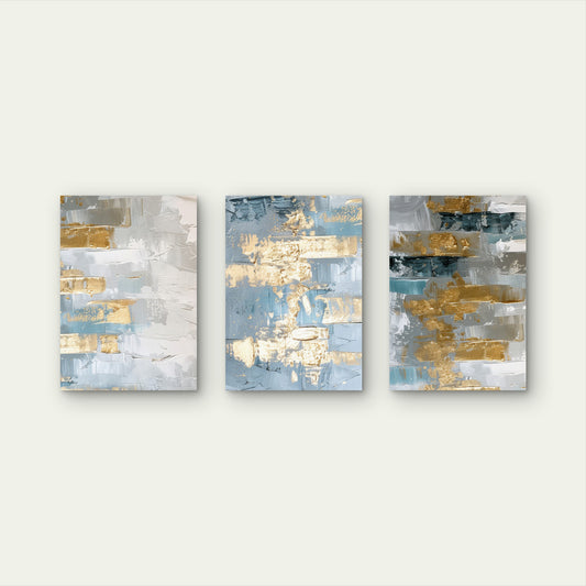 3pcs Blue Gold Metallic Textured Abstract Modern Wall Art Set Canvas Framed 50x70cm - High Quality Print 100% Australian Made Wall Canvas Ready to Hang