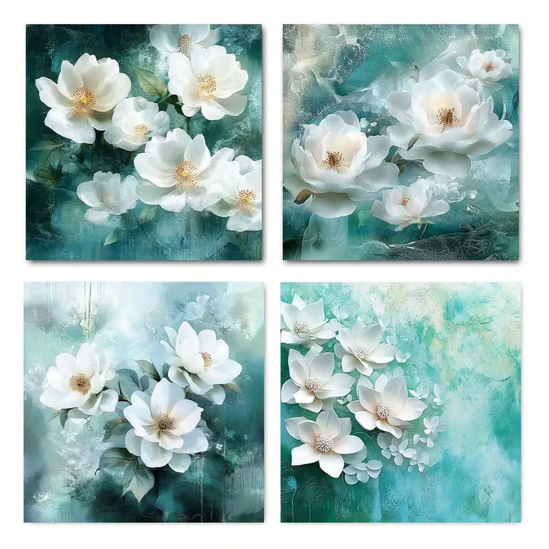 4pcs  Blue Teal Lotus Flower Wall Art Canvas Framed