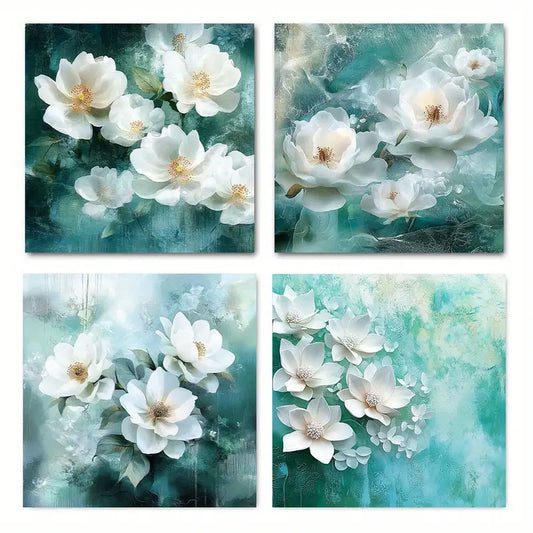 4pcs  Blue Teal Lotus Flower Wall Art Canvas Framed