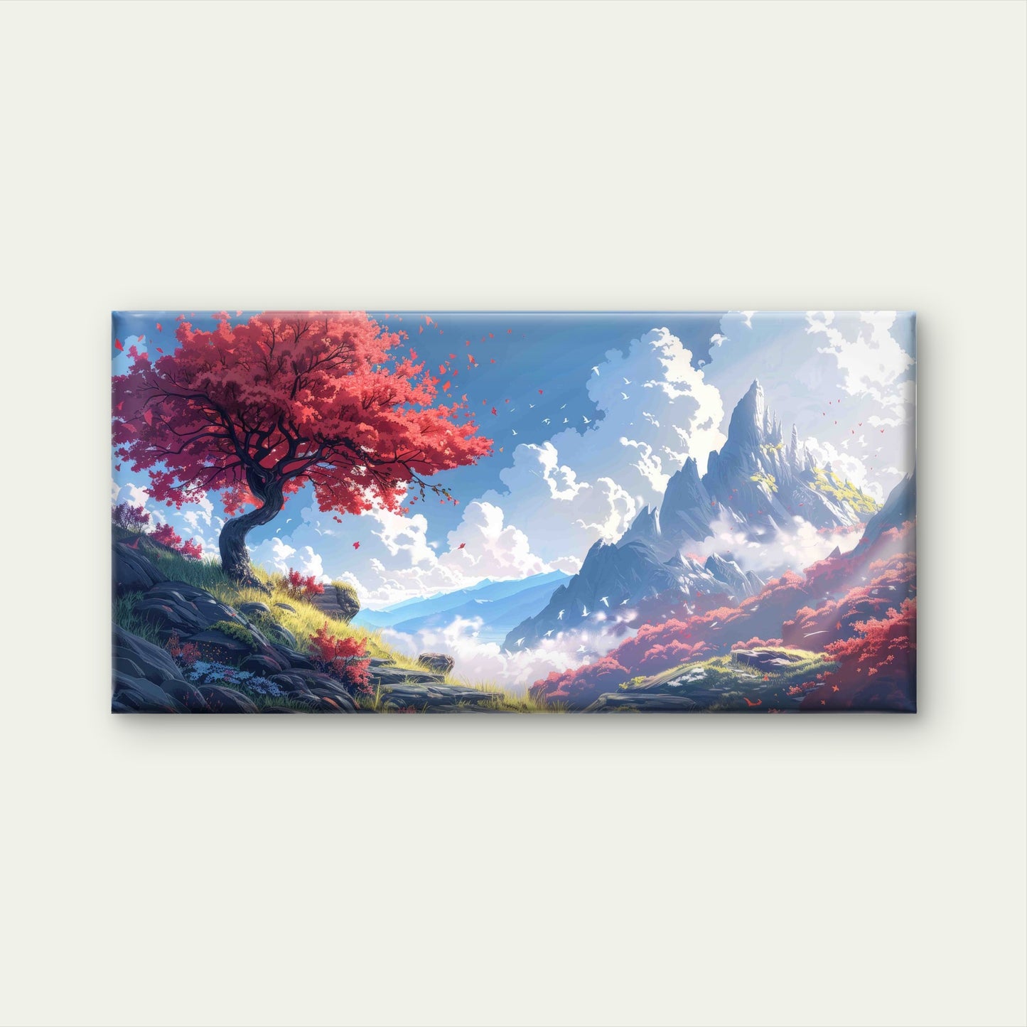 Mountain Landscape With Red Tre Wall Art Canvas Office Home Room Framed 120x60cm - Bella Home Decor