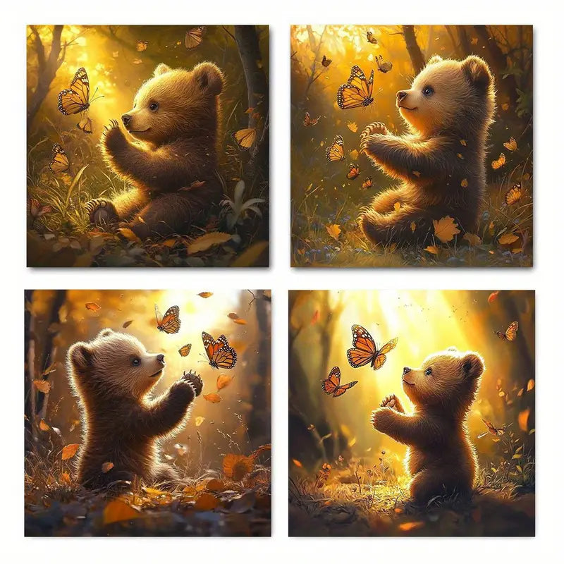 4pcs Painting Bear Butterfly Wall Art Canvas Framed